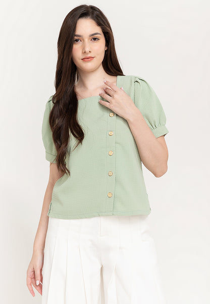 Krizia Cotton Waffle Square Neck Puff Sleeve Top Blouse