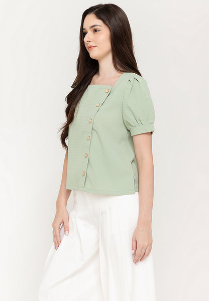 Krizia Cotton Waffle Square Neck Puff Sleeve Top Blouse