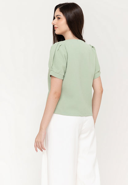 Krizia Cotton Waffle Square Neck Puff Sleeve Top Blouse