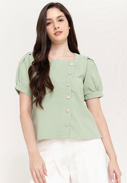 Krizia Cotton Waffle Square Neck Puff Sleeve Top Blouse
