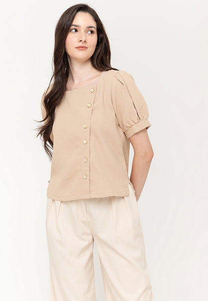 Krizia Cotton Waffle Square Neck Puff Sleeve Top Blouse