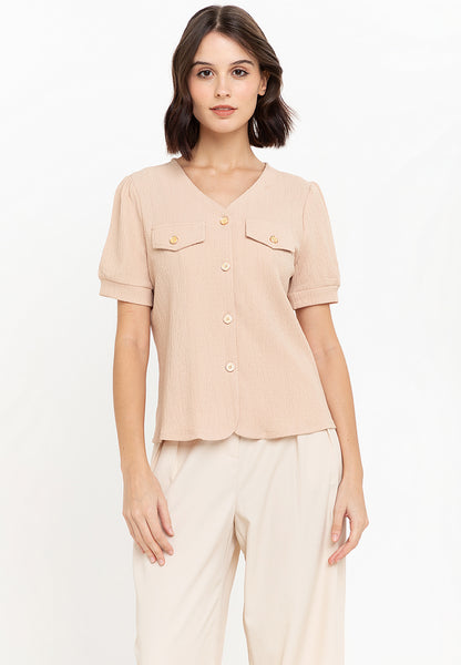 Krizia V-Neck Front Button Down Knits Puff Sleeve Blouse Top