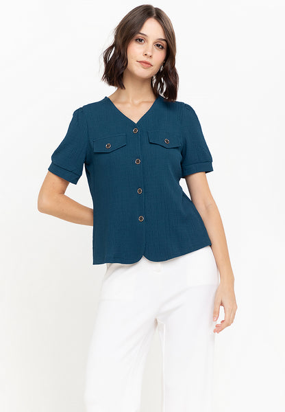 Krizia V-Neck Front Button Down Knits Puff Sleeve Blouse Top