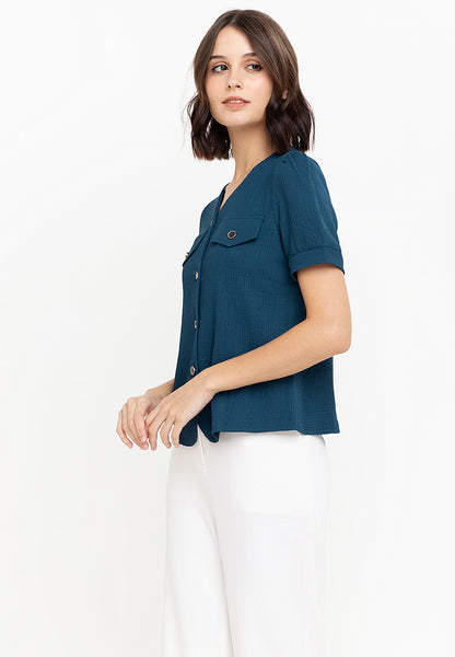 Krizia V-Neck Front Button Down Knits Puff Sleeve Blouse Top