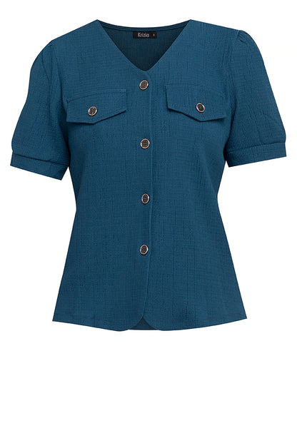 Krizia V-Neck Front Button Down Knits Puff Sleeve Blouse Top