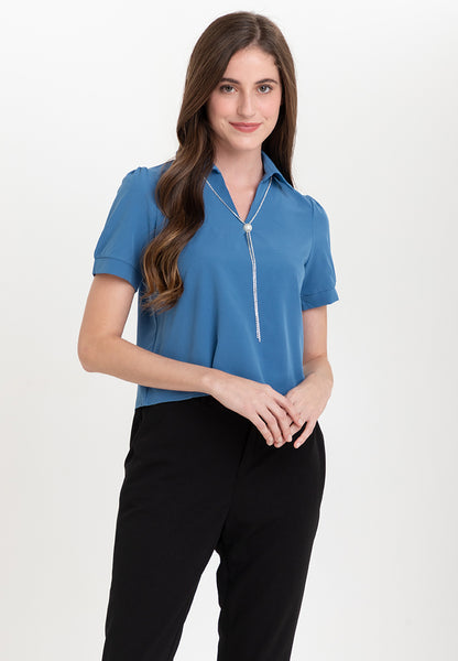 Krizia Collar Blouse with FREE Detachable Crystal Necklace and Pearl Detail