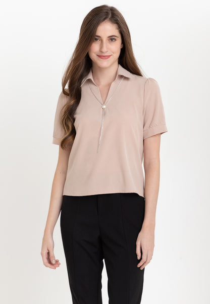 Krizia Collar Blouse with FREE Detachable Crystal Necklace and Pearl Detail