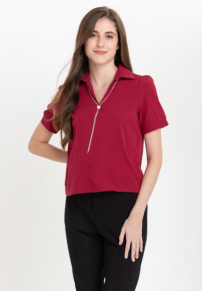 Krizia Collar Blouse with FREE Detachable Crystal Necklace and Pearl Detail