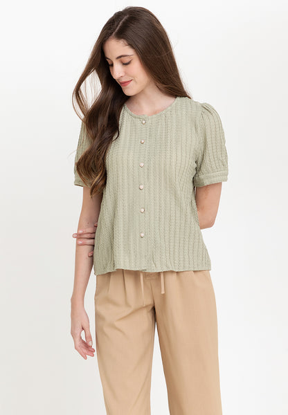 Krizia Textured Cotton Knit Button Down Blouse Top