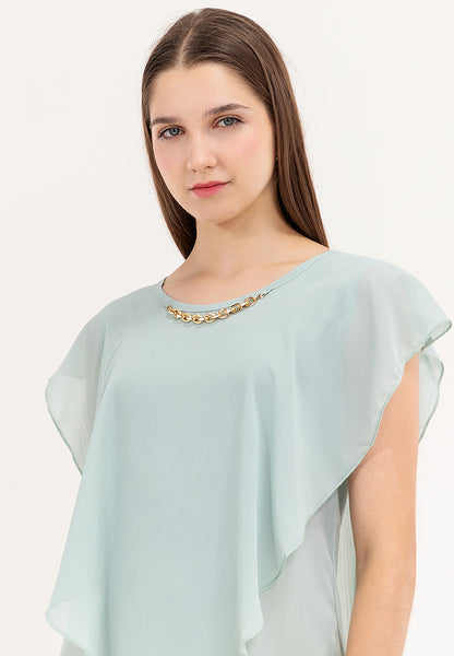 Krizia Flowy Overlay Blouse With Necklace Korean Top