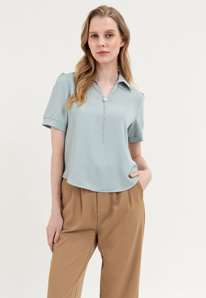 Krizia Collar Blouse With Free Detachable Crystal Necklace And Pearl Detail