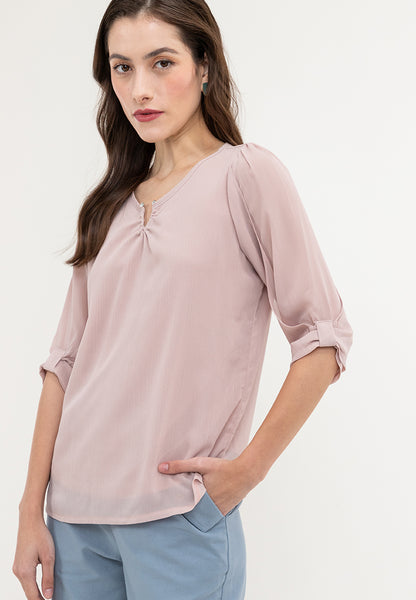 Krizia V-Neck Pearl Detail 3/4 Sleeve Top Blouse