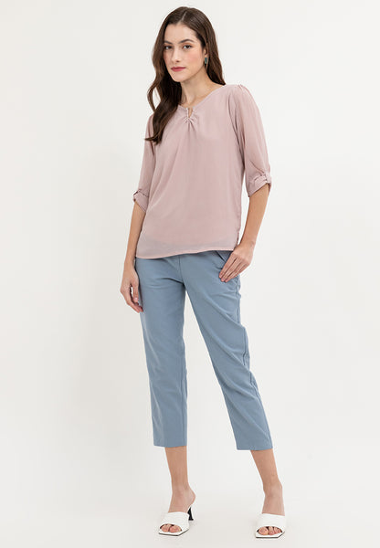 Krizia V-Neck Pearl Detail 3/4 Sleeve Top Blouse