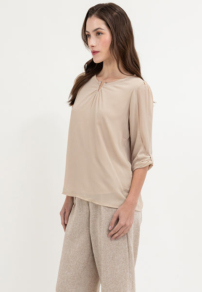 Krizia V-Neck Pearl Detail 3/4 Sleeve Top Blouse