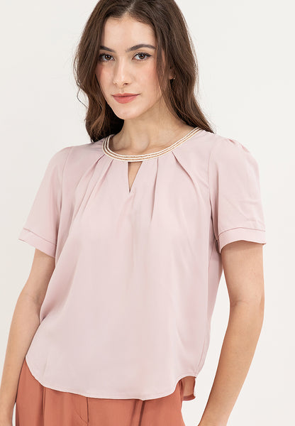 Krizia Casual Cut Out Keyhole Pleated Ribbing Round Neck Blouse Tops