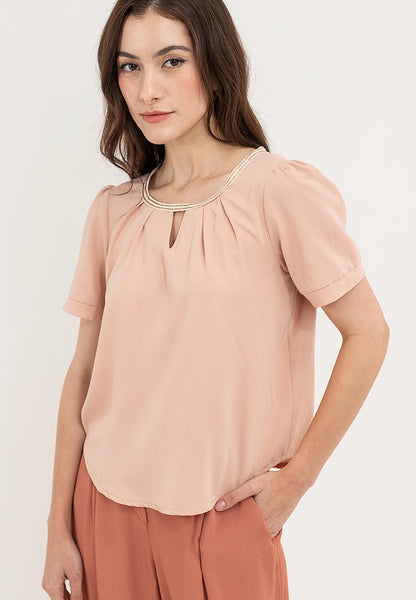 Krizia Casual Cut Out Keyhole Pleated Ribbing Round Neck Blouse Tops