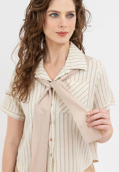 Krizia Collared Tie Detail Button Down Blouse Top with Pocket