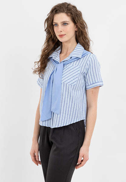 Krizia Collared Tie Detail Button Down Blouse Top with Pocket