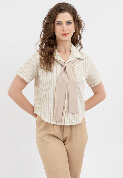 Krizia Collared Tie Detail Button Down Blouse Top with Pocket