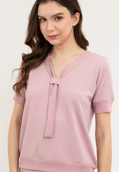 Krizia Textured Fabric V-neck Decorative Tie Detail Blouse Top