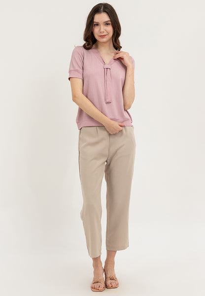 Krizia Textured Fabric V-neck Decorative Tie Detail Blouse Top