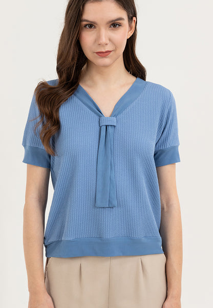Krizia Textured Fabric V-neck Decorative Tie Detail Blouse Top