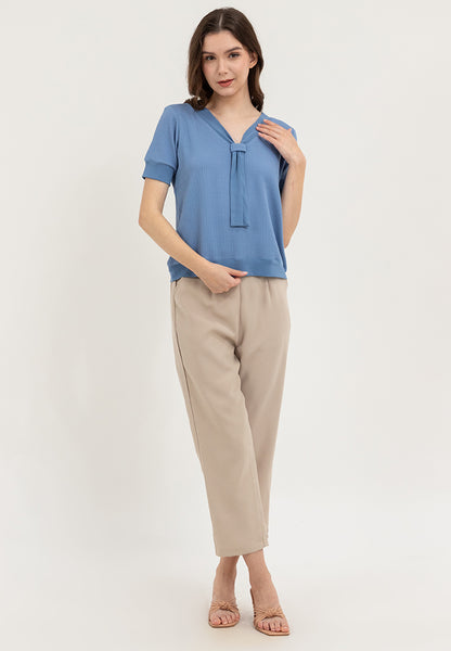 Krizia Textured Fabric V-neck Decorative Tie Detail Blouse Top