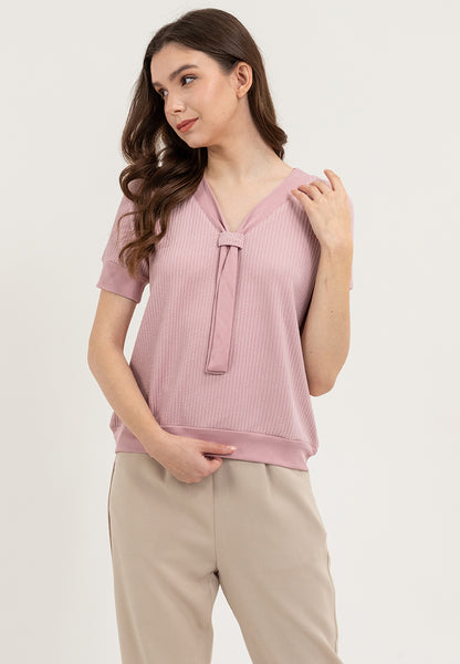 Krizia Textured Fabric V-neck Decorative Tie Detail Blouse Top