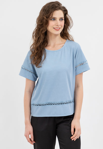 Krizia Lace Trimmed Round Neck Blouse Top