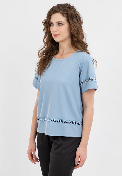 Krizia Lace Trimmed Round Neck Blouse Top
