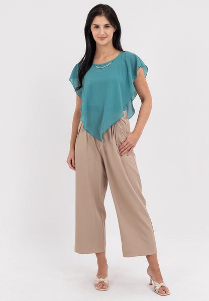 Krizia Flowy Overlay Blouse With Necklace Korean Top