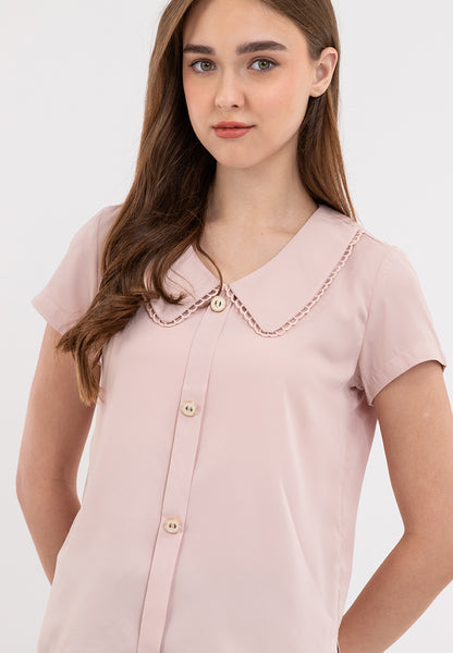 Button Down Decorative Trim Petter Pan Collared Top Blouse