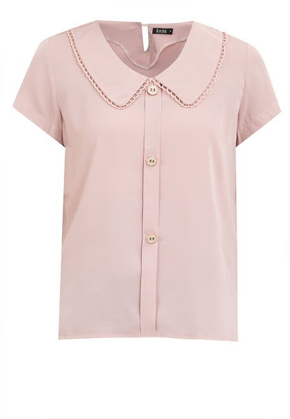 Button Down Decorative Trim Petter Pan Collared Top Blouse