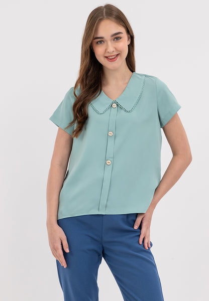 Button Down Decorative Trim Petter Pan Collared Top Blouse