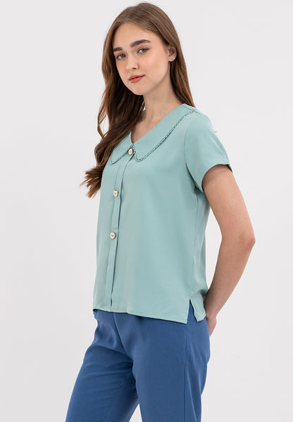 Button Down Decorative Trim Petter Pan Collared Top Blouse