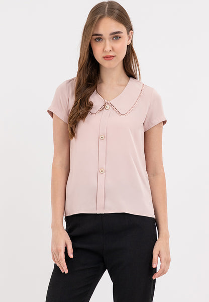 Button Down Decorative Trim Petter Pan Collared Top Blouse