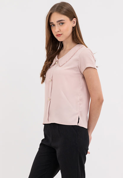 Button Down Decorative Trim Petter Pan Collared Top Blouse