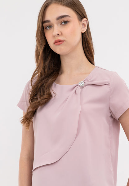 Front Decorative Pleats Round Neck Asymmetrical Overlay Blouse Top