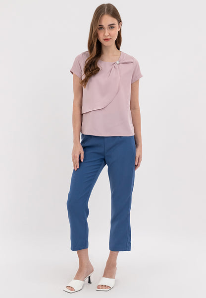 Front Decorative Pleats Round Neck Asymmetrical Overlay Blouse Top