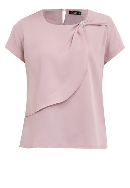 Front Decorative Pleats Round Neck Asymmetrical Overlay Blouse Top