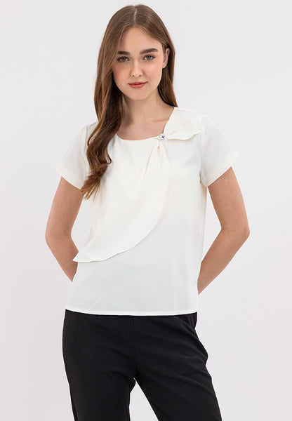 Front Decorative Pleats Round Neck Asymmetrical Overlay Blouse Top