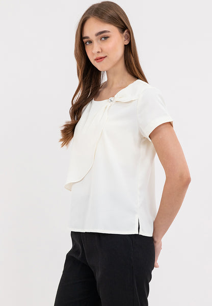 Front Decorative Pleats Round Neck Asymmetrical Overlay Blouse Top