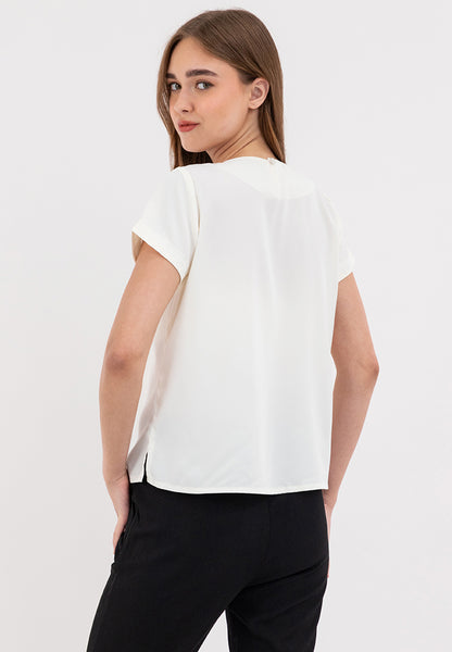 Front Decorative Pleats Round Neck Asymmetrical Overlay Blouse Top