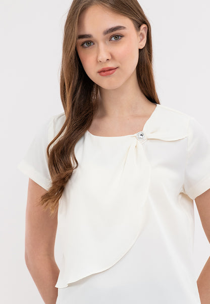 Front Decorative Pleats Round Neck Asymmetrical Overlay Blouse Top