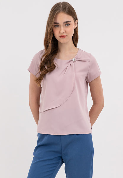 Front Decorative Pleats Round Neck Asymmetrical Overlay Blouse Top