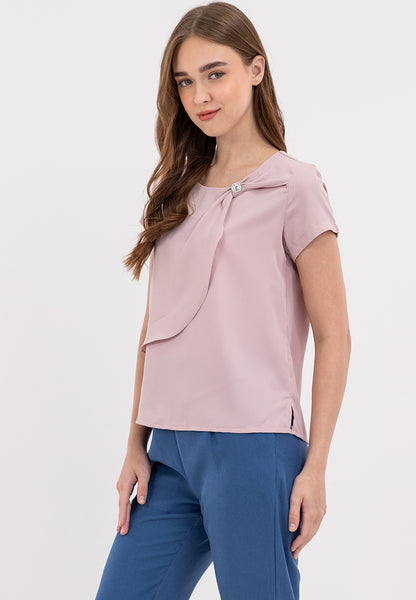 Front Decorative Pleats Round Neck Asymmetrical Overlay Blouse Top