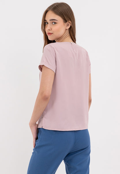 Front Decorative Pleats Round Neck Asymmetrical Overlay Blouse Top