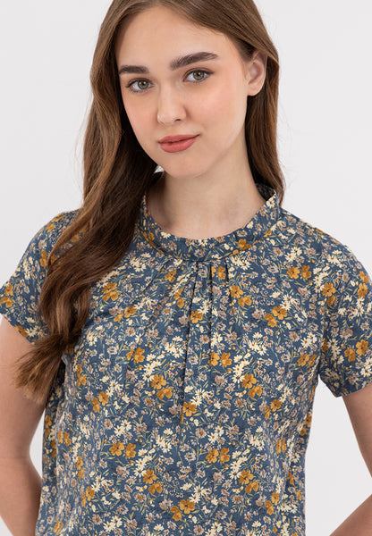Classic Floral Print High Round Neck Short Sleeve Blouse Top