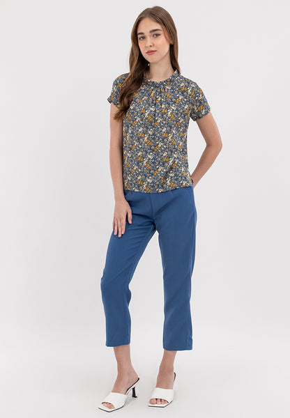 Classic Floral Print High Round Neck Short Sleeve Blouse Top