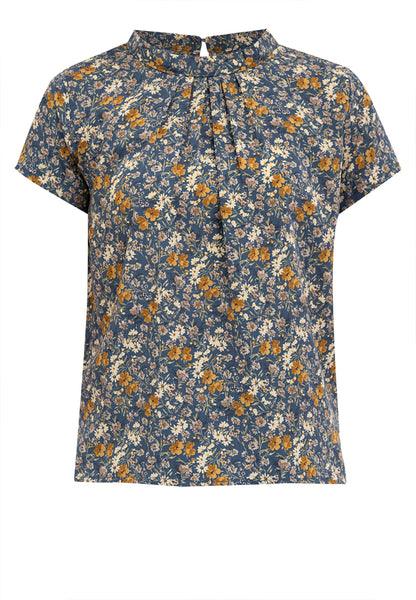 Classic Floral Print High Round Neck Short Sleeve Blouse Top